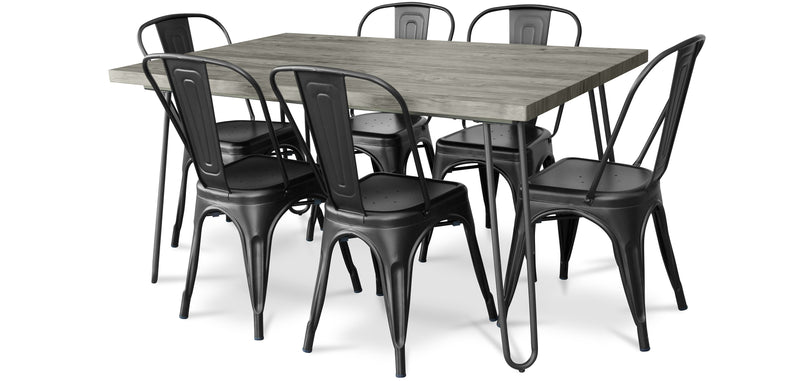 Dining Table Set - Industrial Design 150cm + Set of 6 Dining Chairs - Industrial Design - Hairpin Stylix