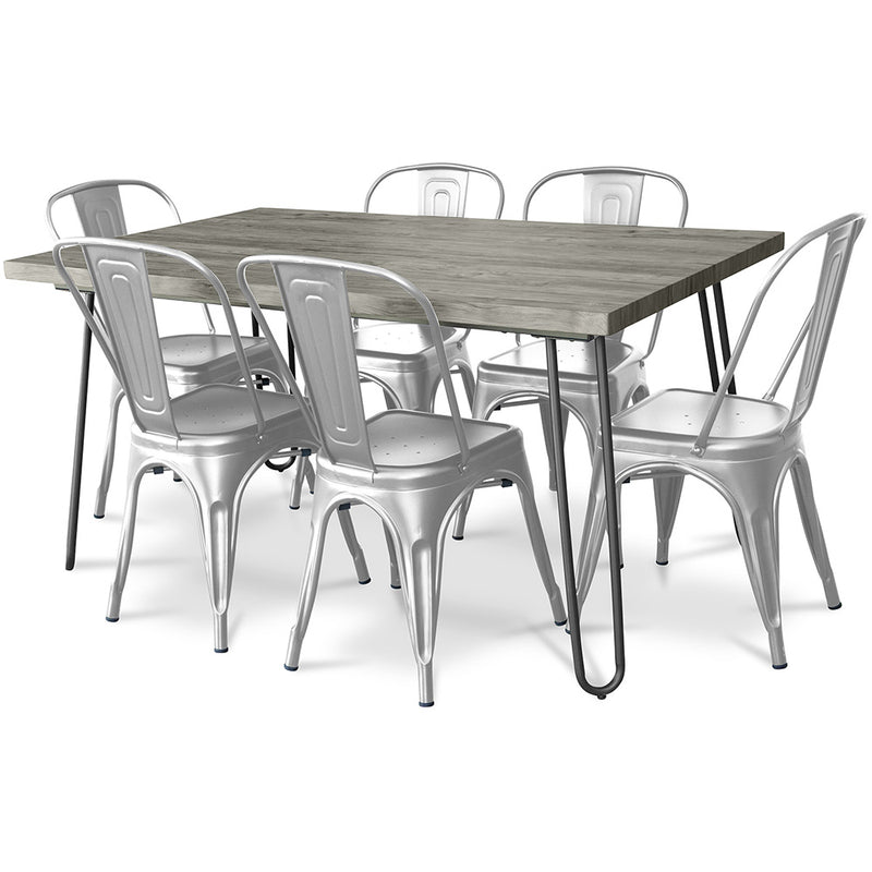 Dining Table Set - Industrial Design 150cm + Set of 6 Dining Chairs - Industrial Design - Hairpin Stylix