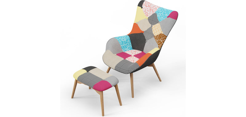 Poltrona com Descanso para Pés - Estofamento em Tecido Patchwork - Kontur