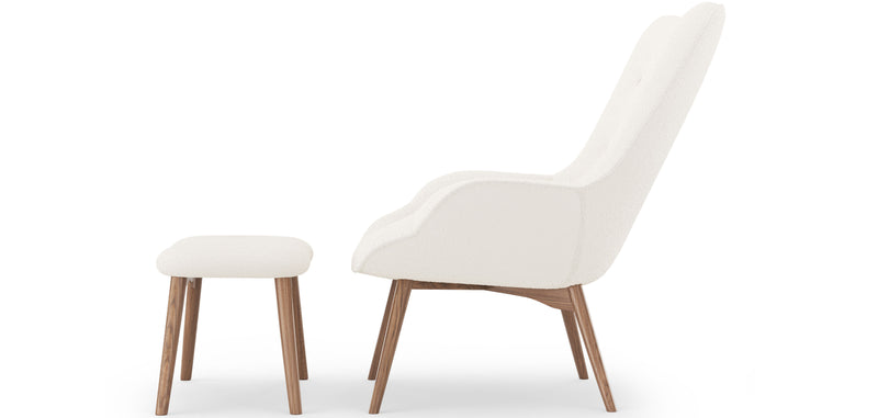 Armchair with Bouclé Faux Fur Upholstered Footrest - White Loops - Huda