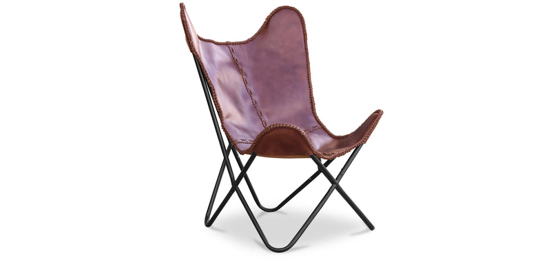 Sedia farfalla in pelle marrone scuro - Cognac