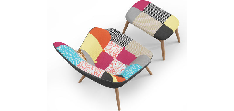 Poltrona com Descanso para Pés - Estofamento em Tecido Patchwork - Kontur