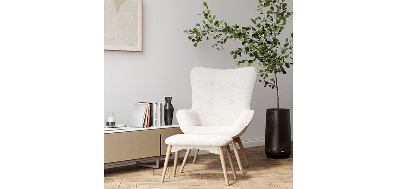 Armchair with Bouclé Faux Fur Upholstered Footrest - White Loops - Huda