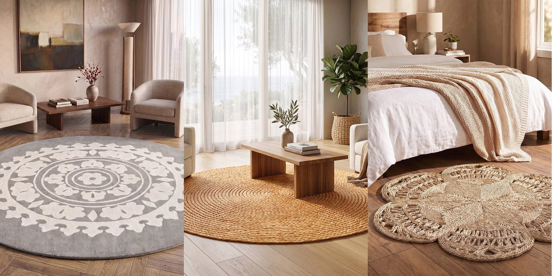 Romanty light grey wool round rug, Kavya round jute rug under a coffee table and Niluh flower-shaped jute rug at the foot of a bed, Deko District