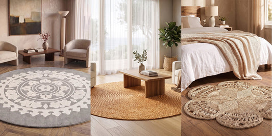 Romanty light grey wool round rug, Kavya round jute rug under a coffee table and Niluh flower-shaped jute rug at the foot of a bed, Deko District