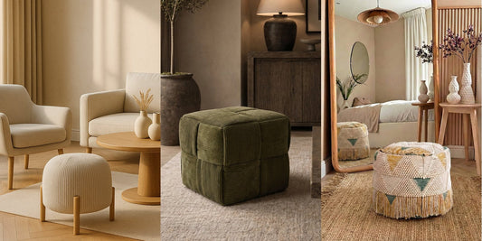 Nathaly corduroy pouf next to an armchair, Cub olive corduroy cube pouf and Jacqueline bohemian pouf in a bedroom, Deko District