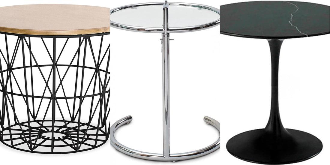 Basker wood and metal side table, Lake adjustable glass and steel side table and Tulip black marble side table, Deko District