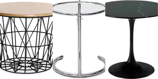 Basker wood and metal side table, Lake adjustable glass and steel side table and Tulip black marble side table, Deko District