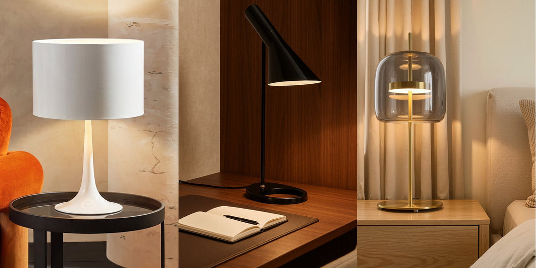 Spone white table lamp next to an orange armchair, Narn black desk lamp and Jude smoked glass lamp on a bedside table, Deko District
