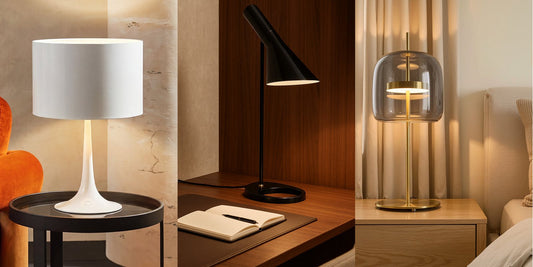 Spone white table lamp next to an orange armchair, Narn black desk lamp and Jude smoked glass lamp on a bedside table, Deko District