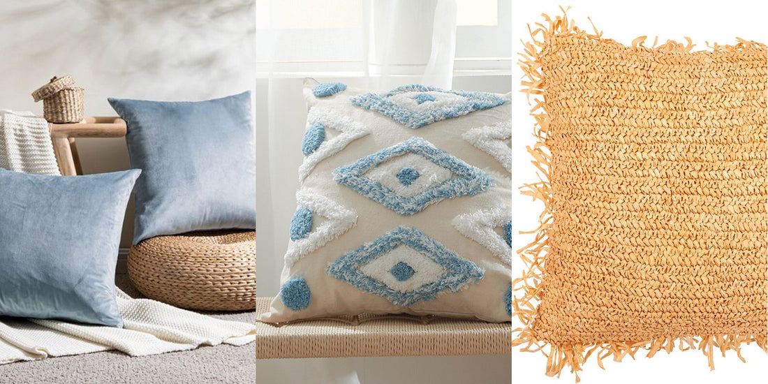 Mesmal blue velvet cushions against a woven pouf, Mawi tufted cotton cushion on a bench and Alicia raffia cushion with fringes, Deko District