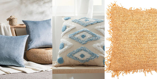 Mesmal blue velvet cushions against a woven pouf, Mawi tufted cotton cushion on a bench and Alicia raffia cushion with fringes, Deko District