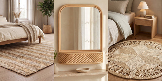 Ghana jute rug at the foot of a bed, Amara rattan wall mirror and Bilú round jute rug next to a bedside table
