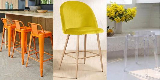 Orange Stylix stools with backrest at a kitchen island, yellow velvet Evelyne stool and transparent Victoria Queen low stool