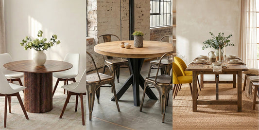 White Denisse chairs at a round table, bronze Stylix steel chairs and yellow Evelyne fabric chairs at a long wooden table