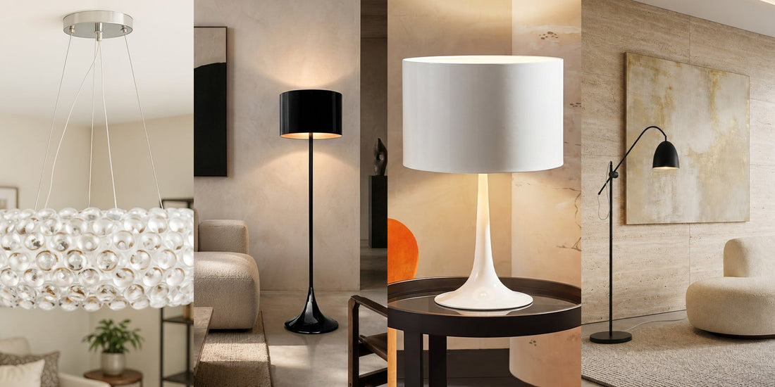 Savoni acrylic bead pendant in a living room, black Spone floor lamp beside a sofa, white Spone table lamp on a side table and black Beeb floor lamp next to a rounded cream armchair