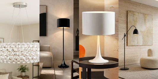 Savoni acrylic bead pendant in a living room, black Spone floor lamp beside a sofa, white Spone table lamp on a side table and black Beeb floor lamp next to a rounded cream armchair