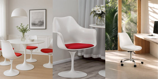 White Tulip dining chairs around a round pedestal table, a white Tulip armchair and a white Tulip office chair at a desk