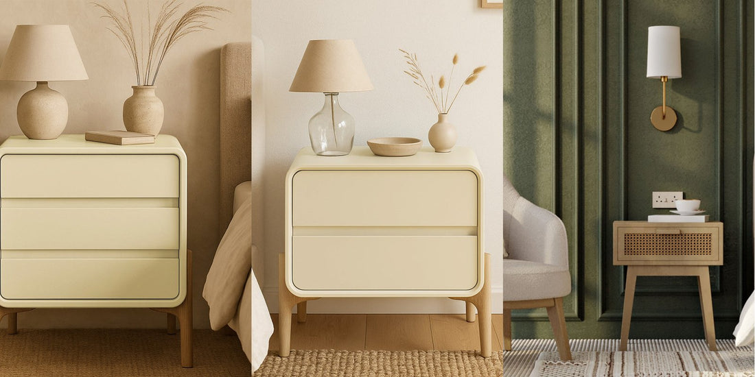 Cream Bennis nightstands with lamps next to beds and a Yanpai cane bedside table in a green bedroom
