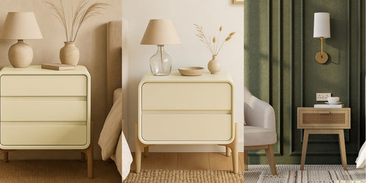Cream Bennis nightstands with lamps next to beds and a Yanpai cane bedside table in a green bedroom
