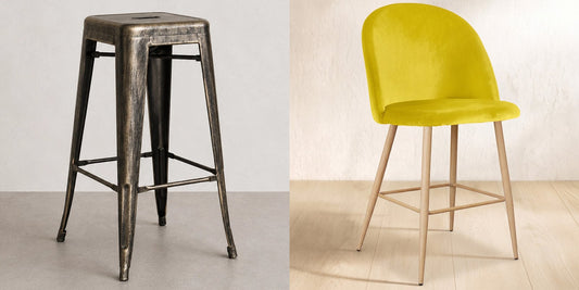 Stylix industrial steel bar stool and Evelyne velvet bar stool, Deko District