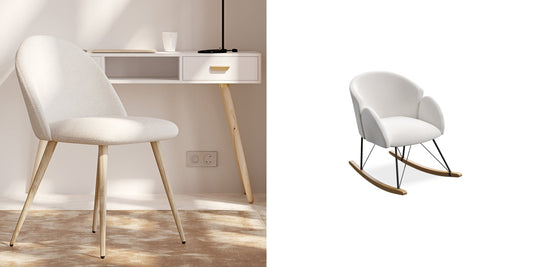 Evelyne bouclé dining chair and Freia bouclé rocking armchair, Deko District