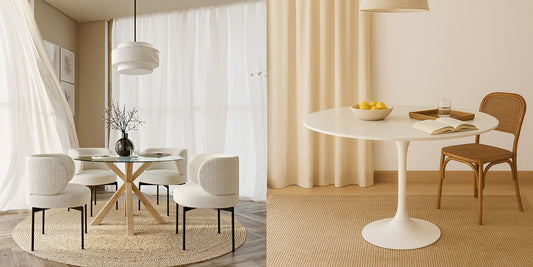 Tauwa round glass dining table with four bouclé chairs and white Tulip 120 round pedestal table with a rattan chair, Deko District