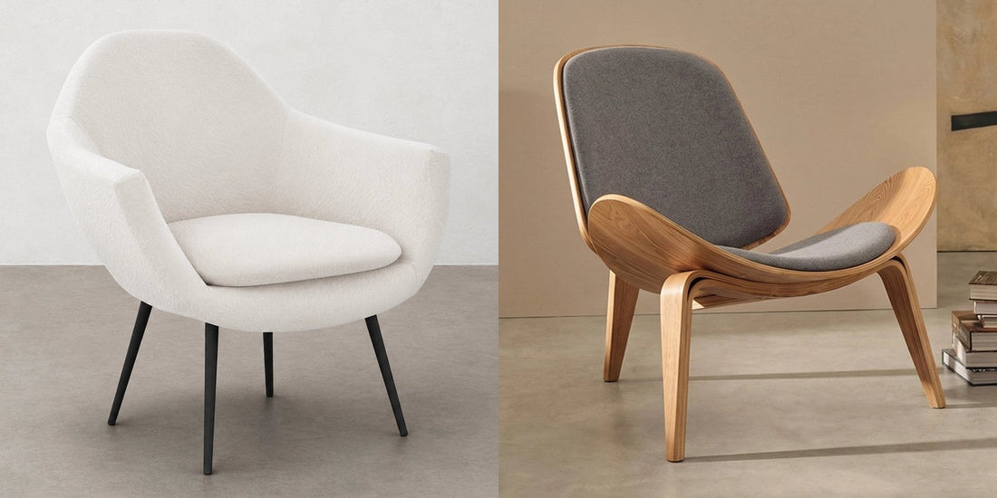 White bouclé accent chair and CW07 fabric lounge chair, Deko District