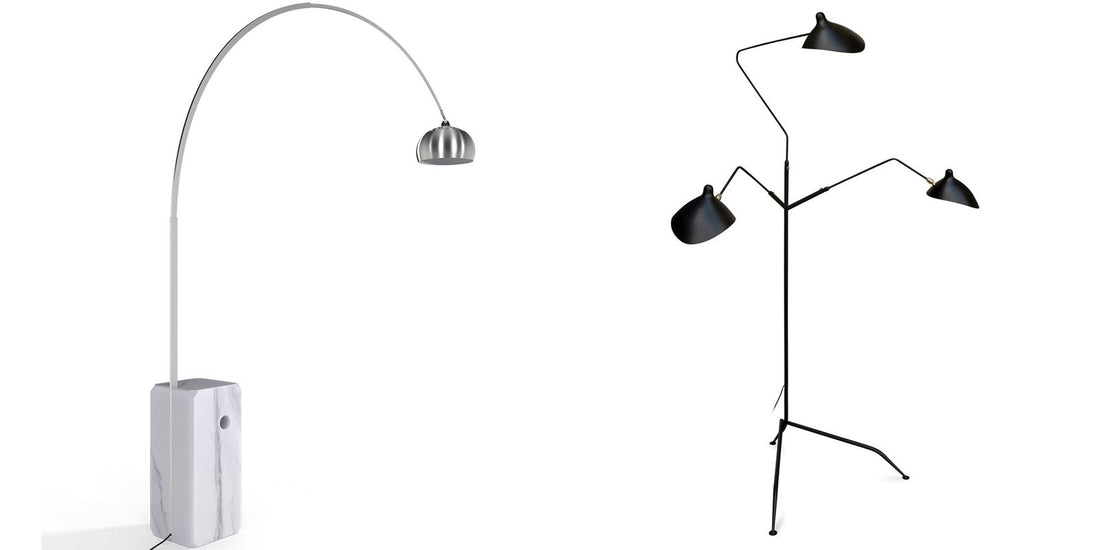 Arko arc floor lamp with a white marble base and George B5 black floor lamp with three arms, Deko District