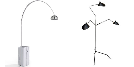 Arko arc floor lamp with a white marble base and George B5 black floor lamp with three arms, Deko District