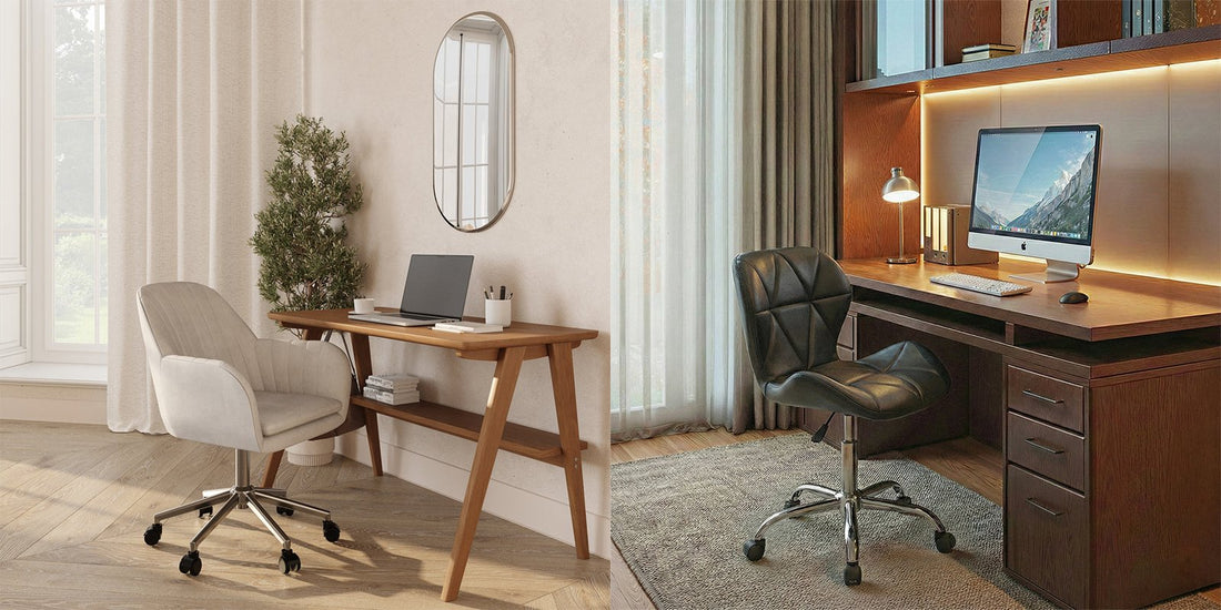 Lumby beige office chair at a wooden desk and Wito black leatherette office chair in a home office, Deko District