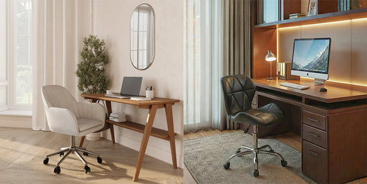 Lumby beige office chair at a wooden desk and Wito black leatherette office chair in a home office, Deko District