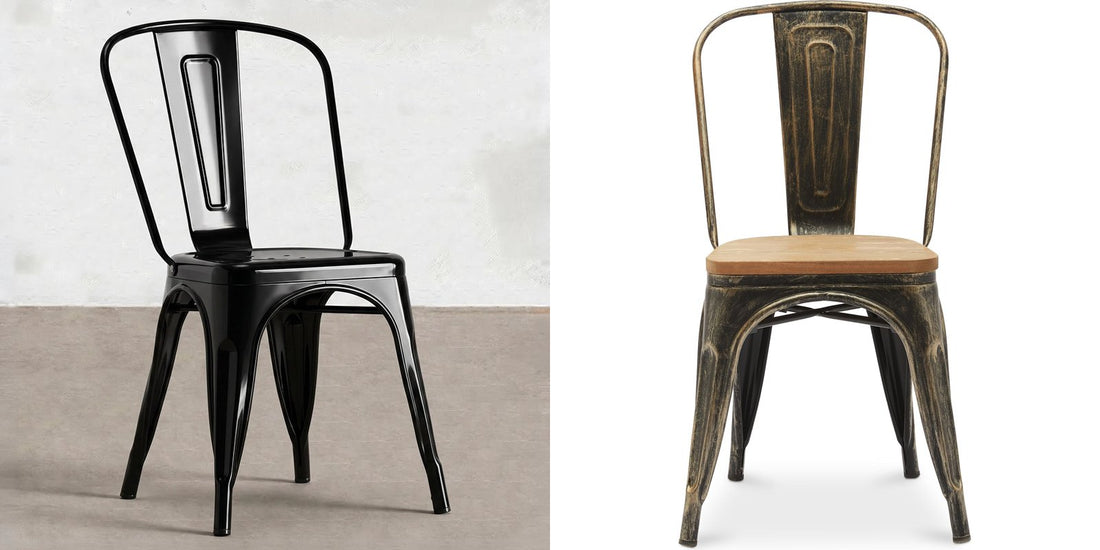 Stylix steel dining chair in glossy black and Stylix chair in aged-look metal with a wooden seat, Deko District