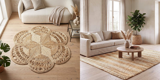 Niluh flower-shaped jute rug in a living room and Ghana striped jute rug in front of a sofa, Deko District