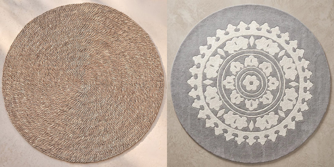 Yuri round braided jute rug and Romanty round light grey wool rug, Deko District