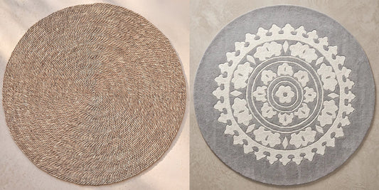 Yuri round braided jute rug and Romanty round light grey wool rug, Deko District