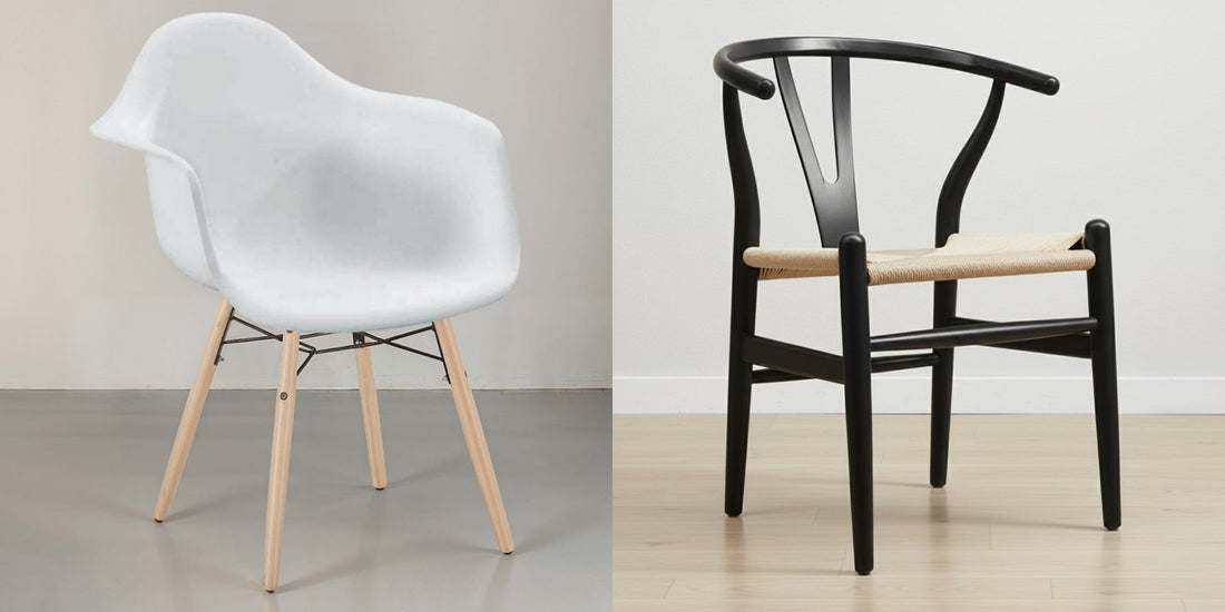 Nordika Scandinavian chair with beech legs and Wish wooden chair with cord seat, Deko District