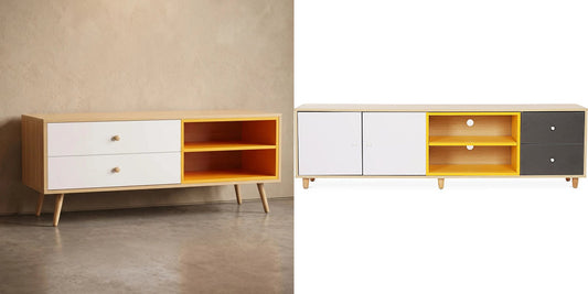 Lenark TV stand in light wood with white drawers and an orange open compartment, and Bena TV stand with white doors, a yellow compartment and dark grey drawers, Deko District