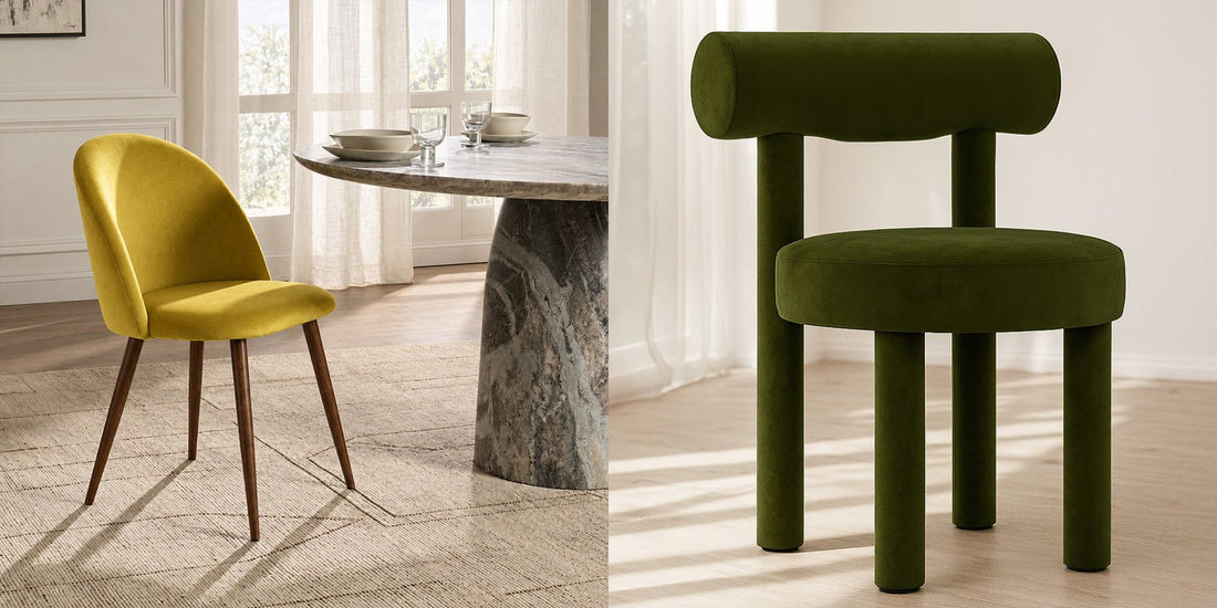 Evelyne velvet dining chair in yellow and Rhys fully upholstered velvet chair in olive, Deko District