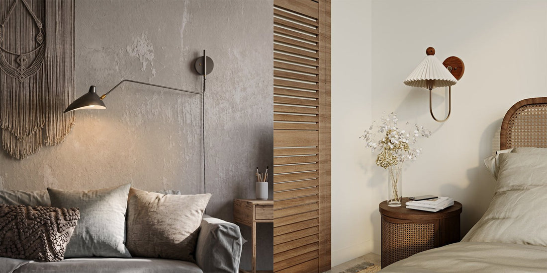 George B3 black wall light above a sofa and Rubi pleated wall light above a rattan bedside table, Deko District