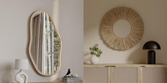 Kala organic rattan wall mirror above a console and Grel round seagrass sun mirror above a cane sideboard, Deko District