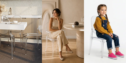 Transparent Aura chairs at a dining table, a woman seated on a transparent Arthur chair with armrests and a girl on the Arthur children's chair
