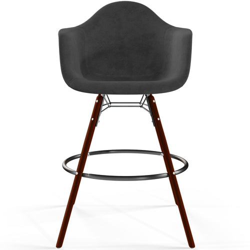 Tabouret de bar en velours - Design scandinave et pieds en bois foncé - Nordika