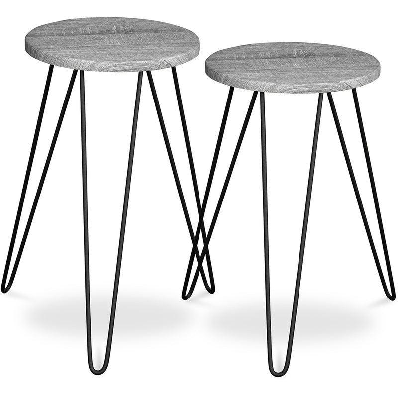 Set of 2 Side Tables - Industrial Design - Wood and Metal - Hairpin