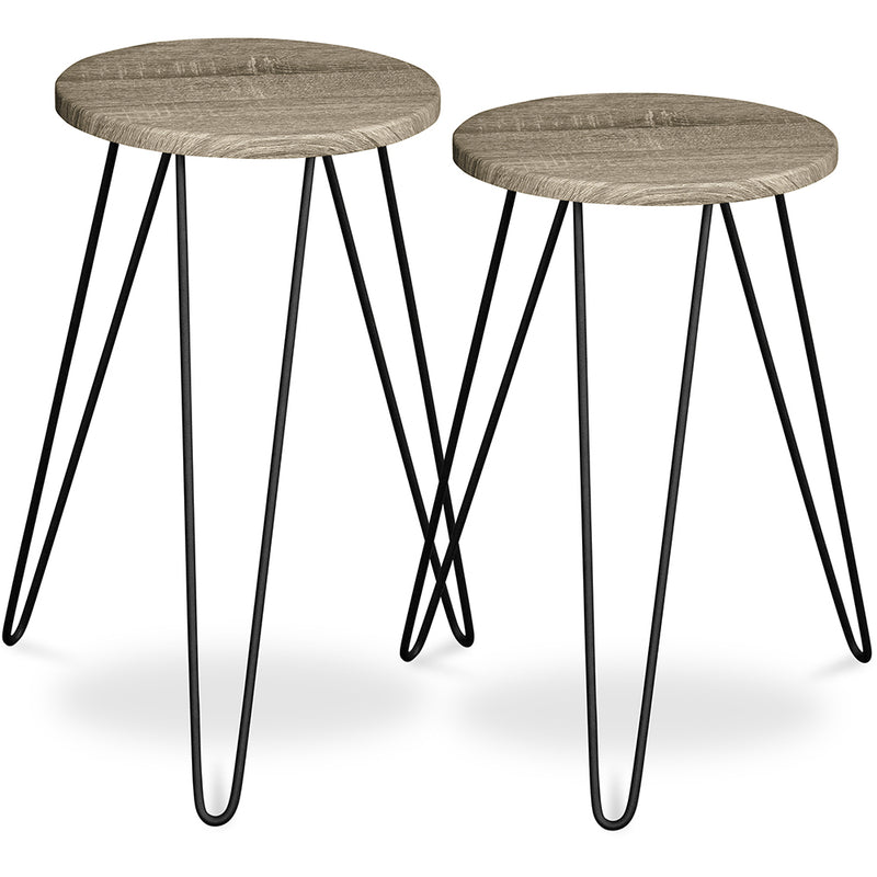 Set of 2 Side Tables - Industrial Design - Wood and Metal - Hairpin