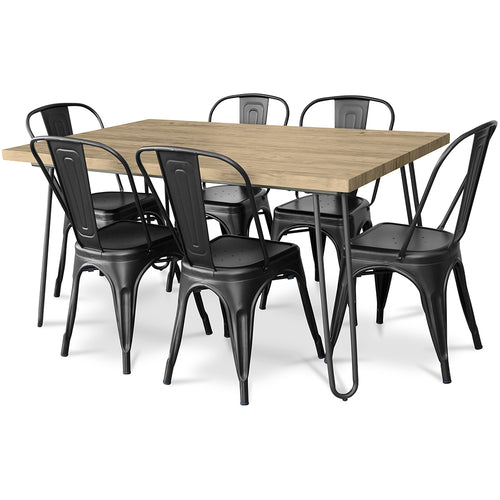 Pack Table à Manger - Design Industriel 150cm + Pack de 6 Chaises à Manger - Design Industriel - Hairpin Stylix