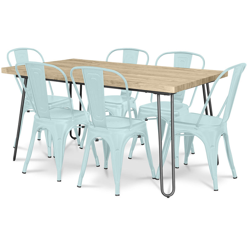 Esstisch-Set - Industrielles Design 150cm + Set mit 6 Esszimmerstühlen - Industrielles Design - Hairpin Stylix