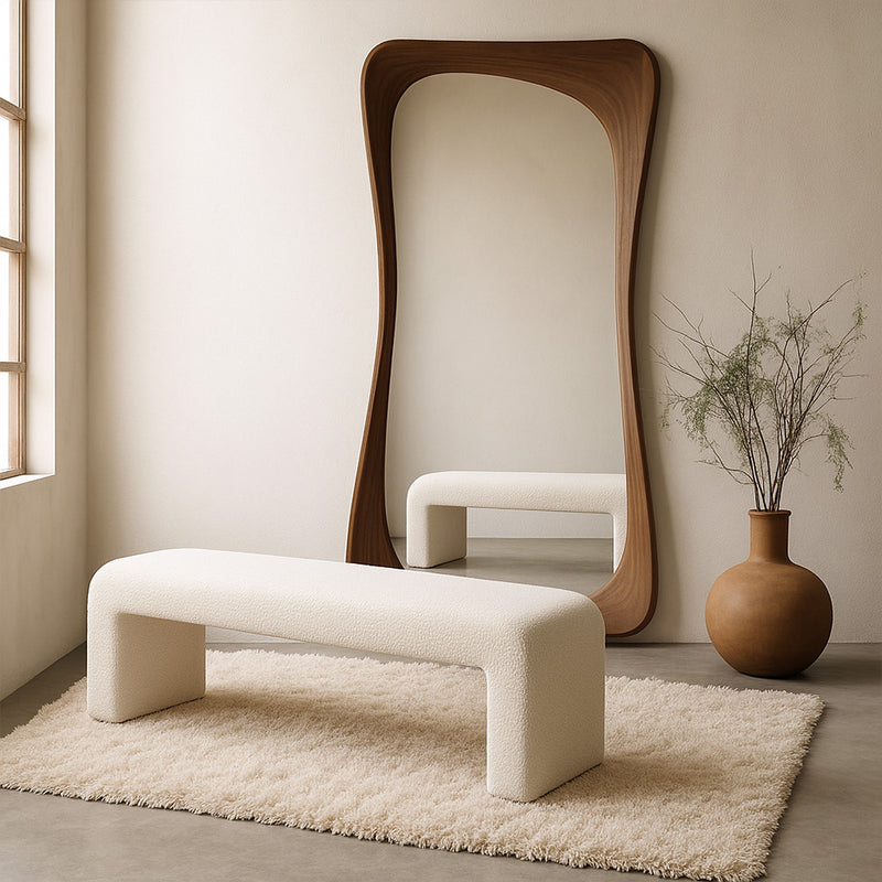 Bench Upholstered In White Bouclé Fabric - Modern Elegant Minimalist - Karla