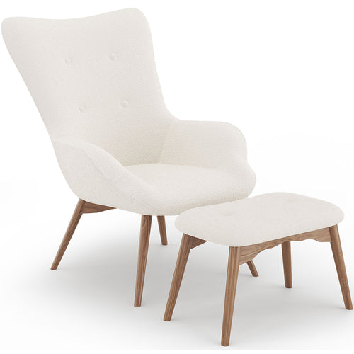 Armchair with Bouclé Faux Fur Upholstered Footrest - White Loops - Huda