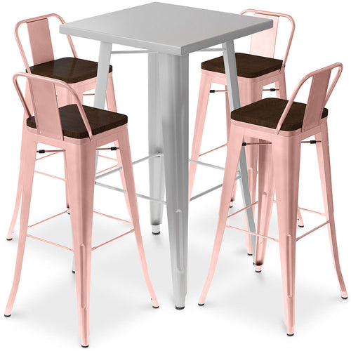 Silver table set and 4 bar stools with backrest - Industrial design - Stylix Bistro